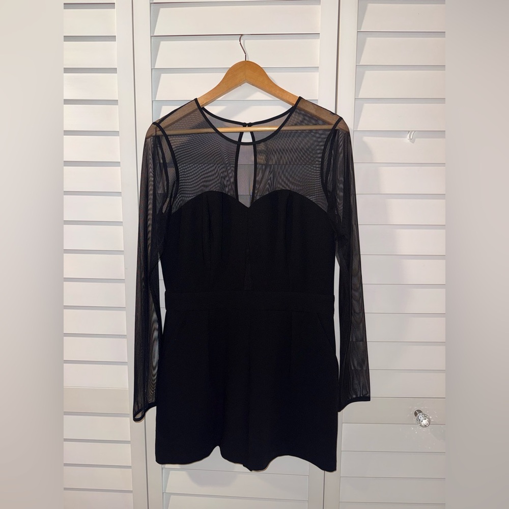 BCBGeneration Black Long Sleeve Romper with Sheer Details